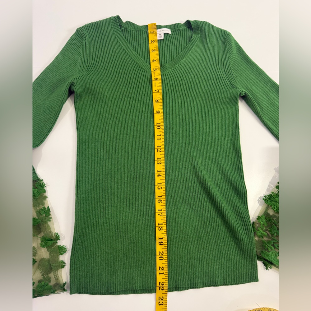Green Ribbed V Neck Top Sheer Embroidered Bell Sleeve Cottagecore Fairy Boho M - Picture 9 of 11